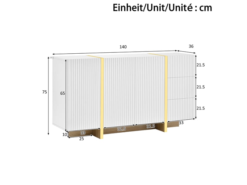 Buffet bas blanc 140 x 36 x 75 cm, 3 portes, 3 tiroirs, détails dorés - Conforama C