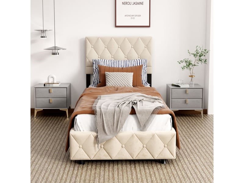  Lit coffre 90x190 cm avec sommier et tête de lit, velours, beige  - Conforama E