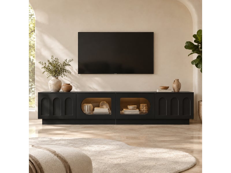  Meuble tv noir avec éclairage led contrôlé par application, 4 portes, passe-câbles  - Conforama B