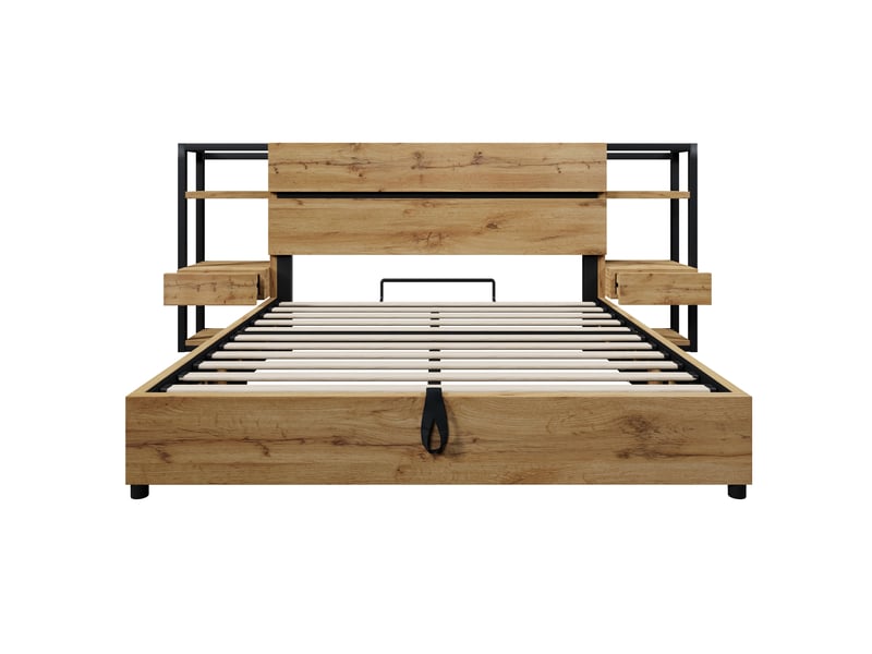 Lit double bois 160x200 cm style industriel chêne avec rangement hydraulique, tiroirs, usbtype-c et matelas - Conforama A