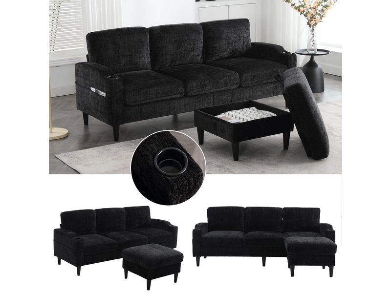  Canapé 4 places, canapé de salon – en velours, porte-gobelets, avec accoudoirs, poches latérales, avec pouf, avec rangement  - Conforama A