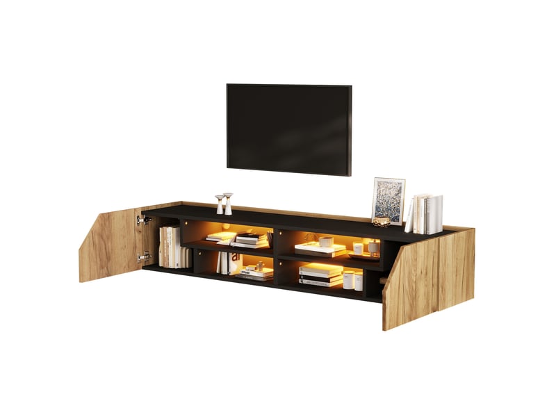  Meuble tv mural 180x36,5x40 cm, 6 rangements, led rgb bluetooth, mdf, panneaux de particules, noir et bois naturel  - Conforama A