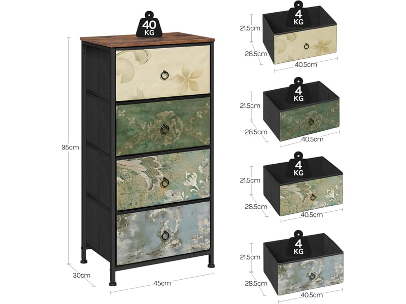  Commode à 4 tiroirs en tissu,meuble rangement,marron rustique+noir+motif fleur vintage,45x30x95cm  - Conforama C