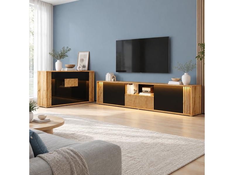  Ensemble meuble tv 180 cm avec buffet de rangement led evryae  - Conforama C