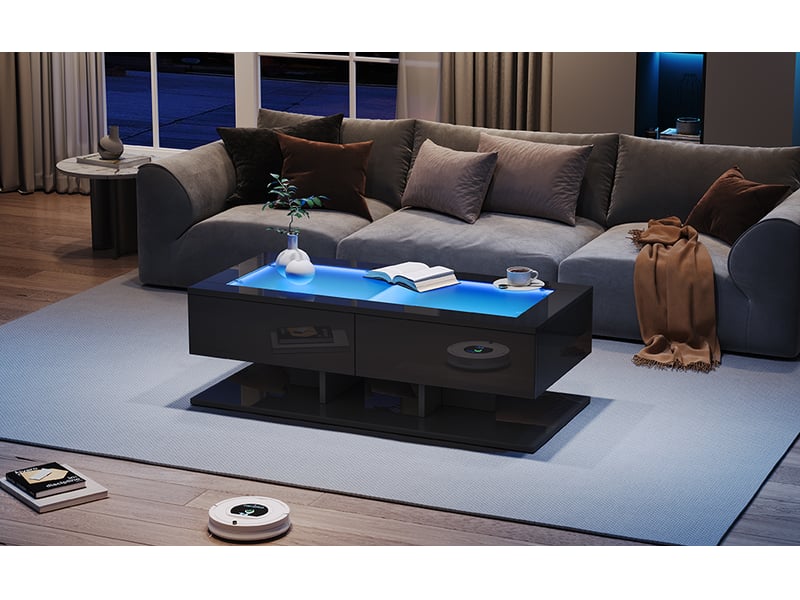  Table basse 100 x 50 cm en laque noire brillante, tiroirs et éclairage led, plateau en verre  - Conforama B