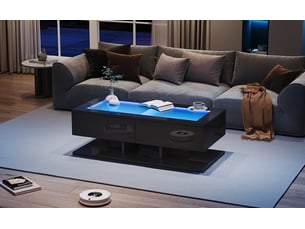 Table basse 100 x 50 cm en laque noire brillante, tiroirs et éclairage led, plateau en verre