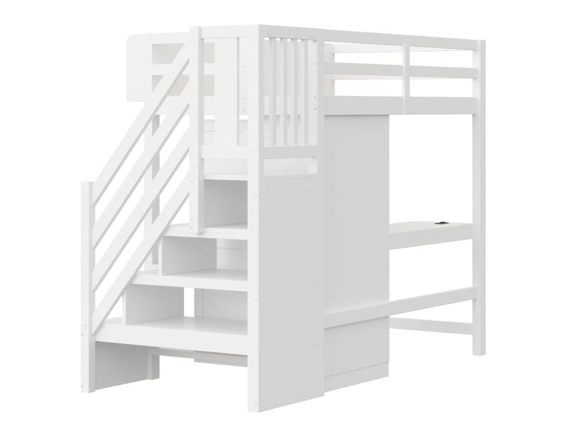  Lit mezzanine enfant 90x200 cm – blanc – bureau, armoire, escalier de rangement, led et prises – sans matelas  - Conforama E