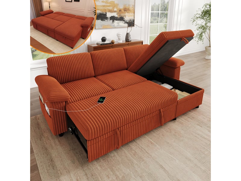  Canapé d'angle convertible 3 places en velours côtelé orange, 214 x 138,5 x 89 cm, angle réversible, avec rangement, poches latérales, coussins inclus CARDUME ESTIVAL - Conforama B