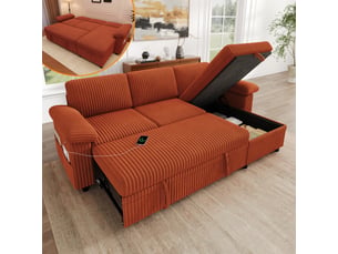 Canapé d'angle réversible convertible <strong>OOIILLEE</strong> <strong>CARDUME ESTIVAL</strong> 3 places Velours côtelé orange avec coffre de rangement