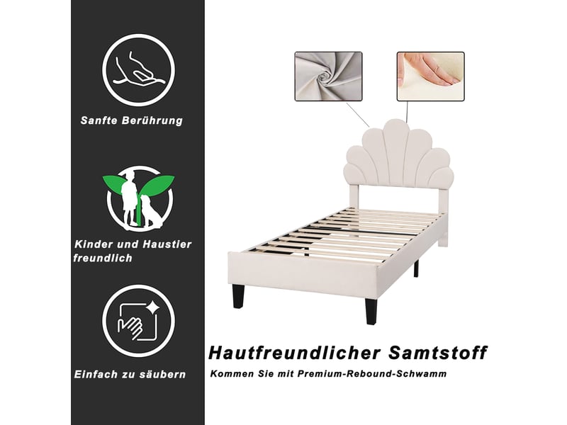 Lit 90x200cm - lit simple 90x200 - tête de lit en forme de fleur coquillage, rembourré en velours - style moderne - beige - Conforama D
