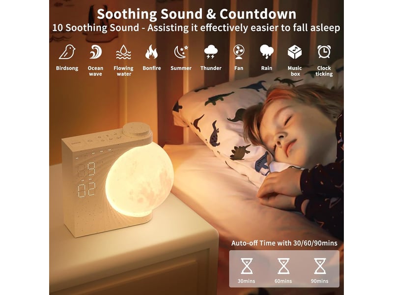 Lampe de lune avec réveil lumineux, 2 réveils, lumière lunaire rgb 8 couleurs, 10 sons naturels, veilleuse 3 niveaux de luminosité lampe de chevet - Conforama E