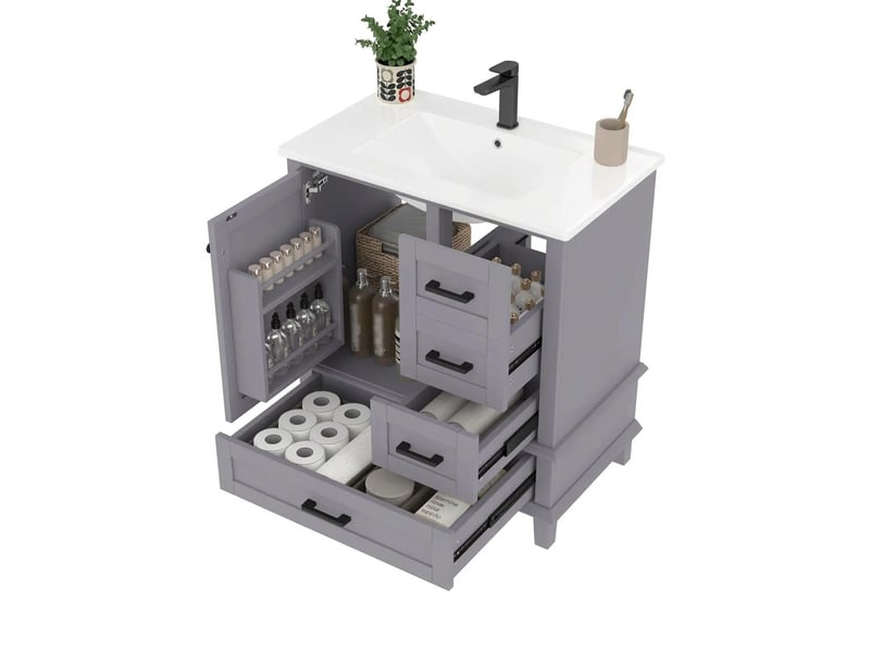 Meuble salle de bain sur pied 76 cm gris avec lavabo céramique intégré - Conforama A