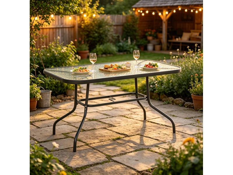 Table de jardin rectangulaire 120x80 cm – grise – verre trempé et trou pour parasol, 8 personnes - Conforama B