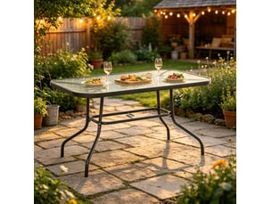 Table de jardin rectangulaire 120x80 cm – grise – verre trempé et trou pour parasol, 8 personnes