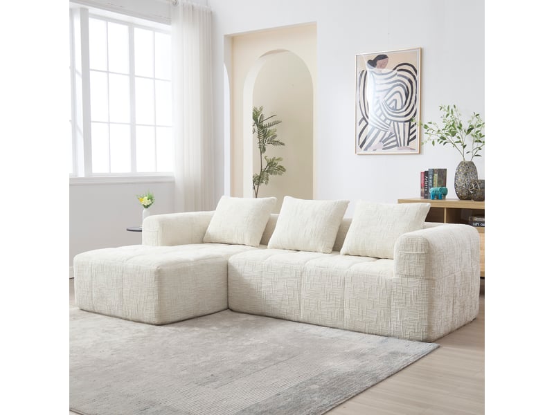 Canapé d'angle, canapé 3 places – en chenille, avec méridienne, sans montage, beige, poches latérales, avec accoudoirs - Conforama W