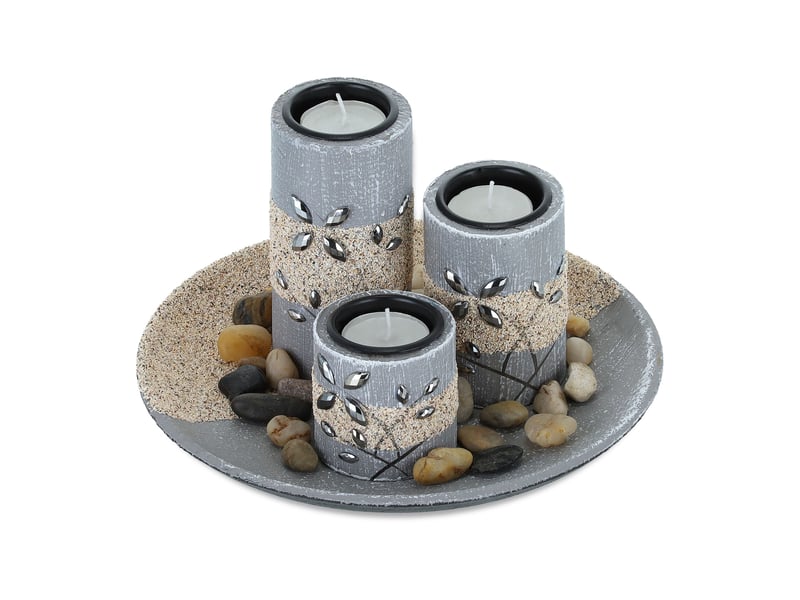  Lot de 3 bougeoirs décoratifs modernes avec soucoupe ronde 30 x 30 x 5 cm en verre blanc 13_0011901  - Conforama A