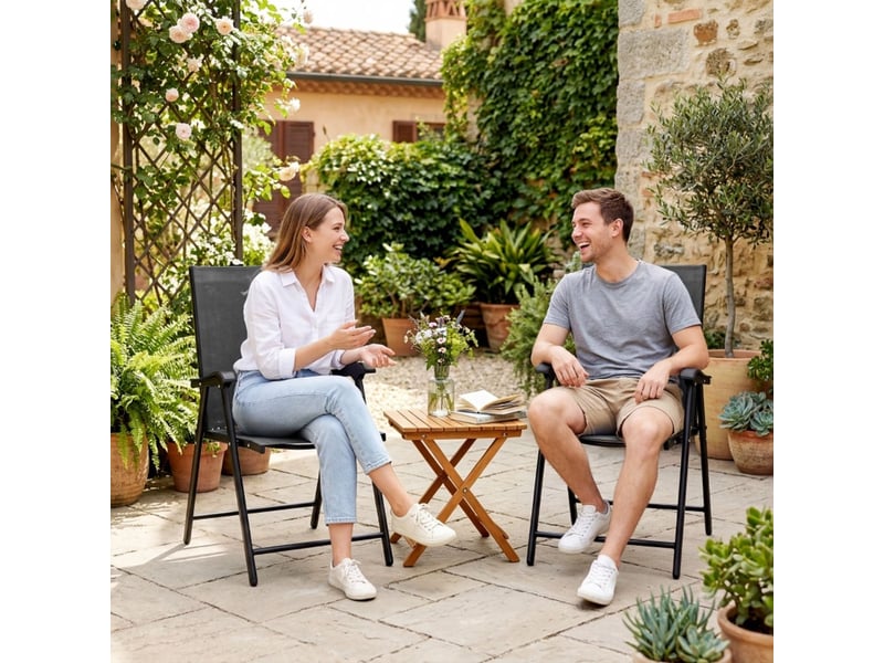  Chaise de jardin 58 x 62 x 97 cm 2 pièces pliable dossier haut accoudoirs structure en acier textilène noir  - Conforama B