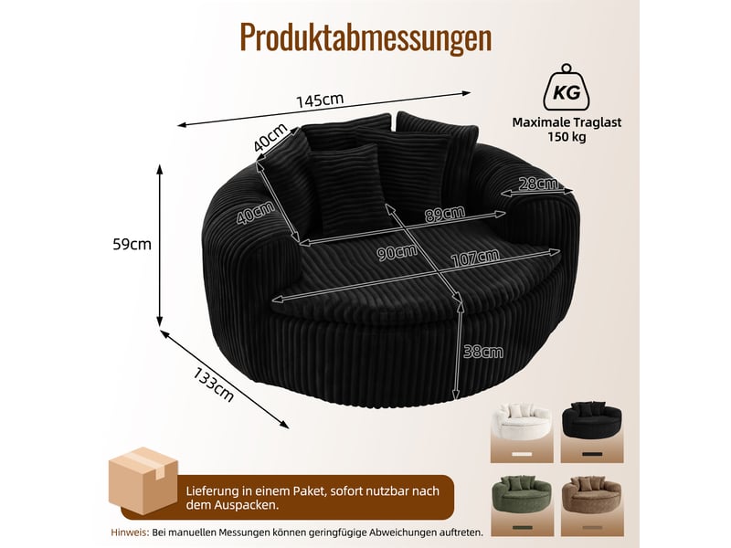  Fauteuil lounge noir tissu côtelé profond avec 5 coussins dossier large assise salon chambre  - Conforama C