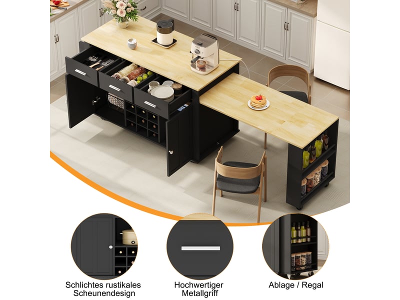  Îlot de cuisine mobile extensible avec rangement - lpospi - prises usb, 7 roulettes, mdf noir naturel 136 (223) × 50 × 93 cm  - Conforama E