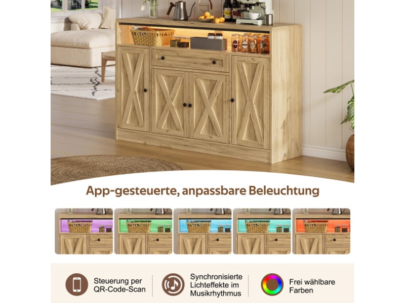 Buffet 140x35x95 cm naturel, 4 portes style grange, tiroir, rangements de porte et led rgb avec application, mdf  - Conforama E