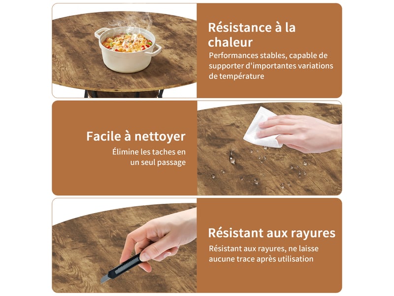 Table à manger ronde 6 personnes avec plateau aspect bois et pied en métal 120 cm, bois clair  - Conforama E
