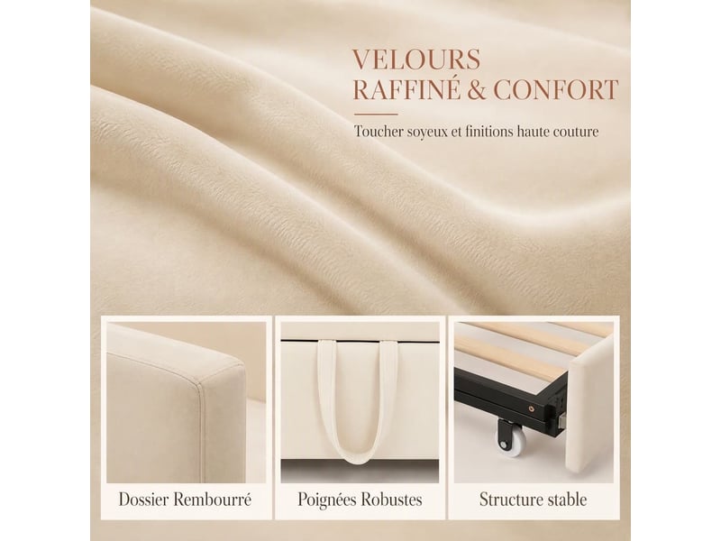  Lit gigogne 90x200 extensible 180x200 cm avec sommier à lattes, lit rembourré convertible, canapé lit convertible avec dossier, lit banquette, tissu velours sans matelas, beige  - Conforama W
