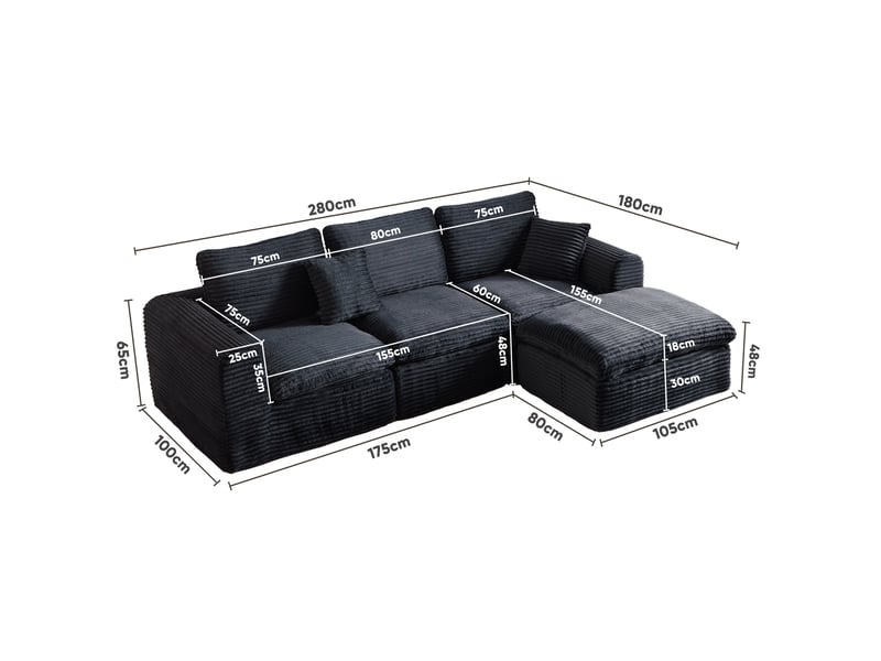 Canapé d’angle modulable 4 places 280 cm, 3-en-1, sans cadre rigide, mousse et ressorts, couchage d’appoint, velours côtelé, bleu foncé Morn Vibe - Conforama E