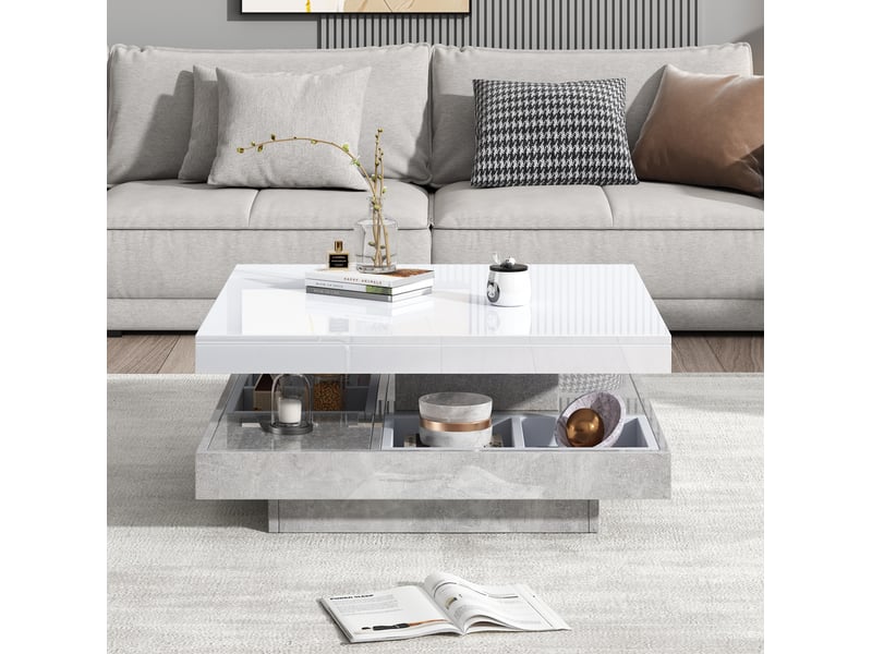  Table basse double plateau rotatif 360° 70x70x36 cm, rangement, panneau de particules, blanc et effet marbre gris  - Conforama D