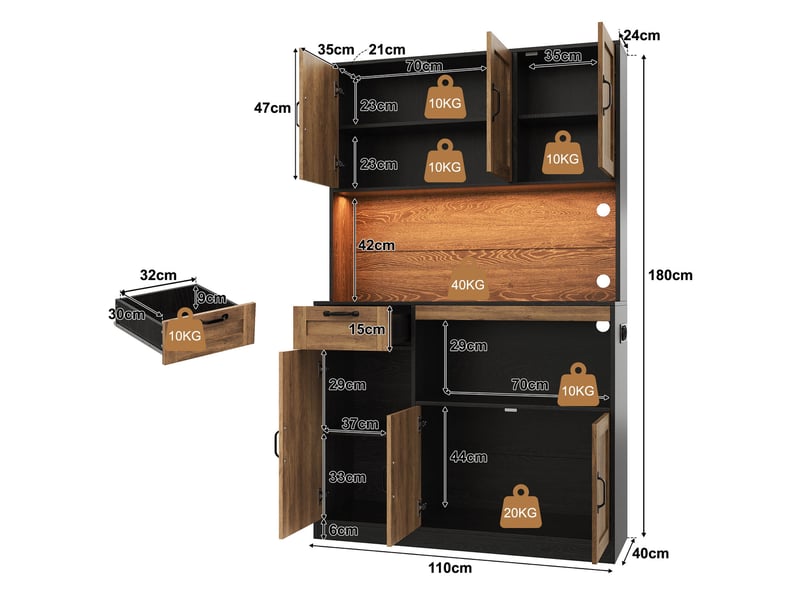  Armoire de cuisine 110x40x180 cm avec 6 portes et 1 tiroir, éclairage led rvb, design moderne, en mdf, noir et naturel  - Conforama C