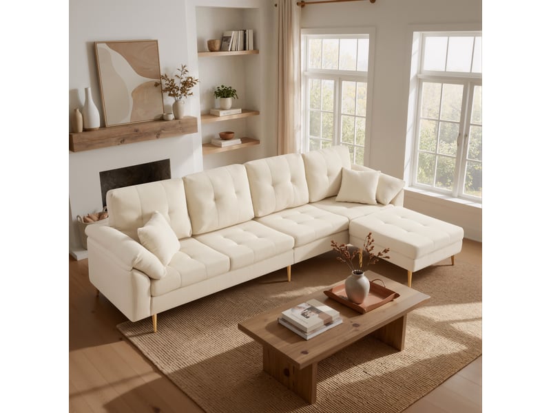  Canapé droit 4 places avec pouf modulable  - assise profonde, velours côtelé écru 250 × 70 × 87 cm  - Conforama C