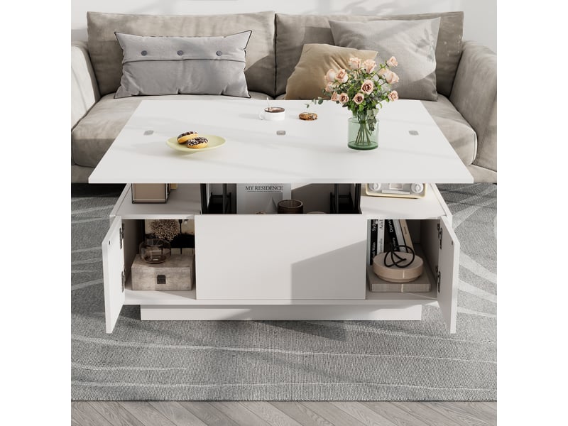  Table basse relevable avec 2 plateaux relevables, 2 portes et rangement cache, pour salon, en panneau de particules, blanc - uvrion  - Conforama C
