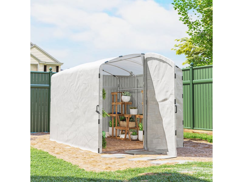 Serre tunnel de jardin 6m², serre de jardin tunnel 300x200x195cm bâche pe 220gm² bords prolongés 50 cm avec porte blanc - Conforama D