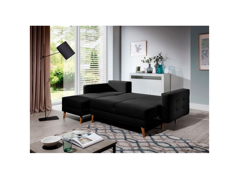  Canapé d'angle convertible hasgard 3 places noir 248x162 cm – coffre et pieds bois  - Conforama D