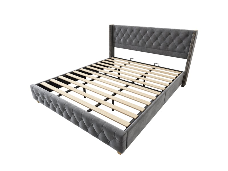  Lit capitonné 180x200 velours gris avec sommier à lattes et tête de lit  - Conforama R