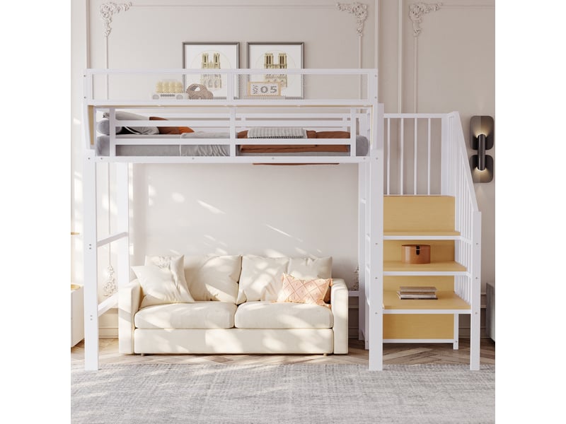  Lit mezzanine 90x200cm - lit single 90x200 en métal avec espace de rangement, led rgb, hampe de penderie et tiroir en tissu - blanc  - Conforama C