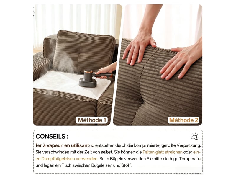  Canapé modulable en u 4 places avec méridienne, confort profond et conception sans armature, 69 × 293 × 177 cm, marron  - Conforama E