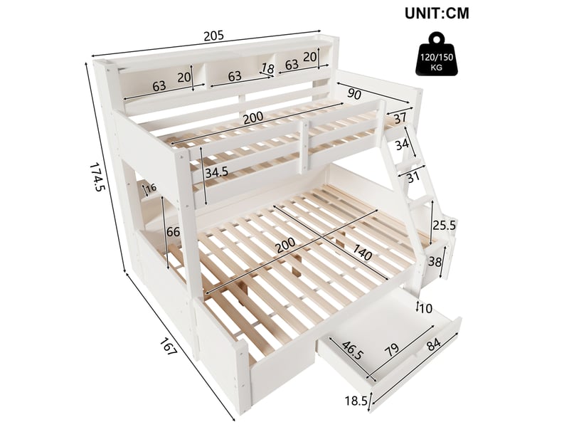  Lit superposé 90x200 cm et 140x200 cm avec led et rangements blanc  - Conforama C