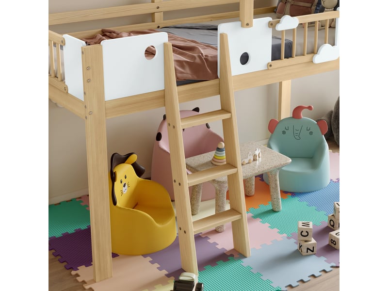  Lit mezzanine lit simple 90x200 cm en bois avec toit, barrière et échelle, sans matelas, blanc et naturel  - Conforama E