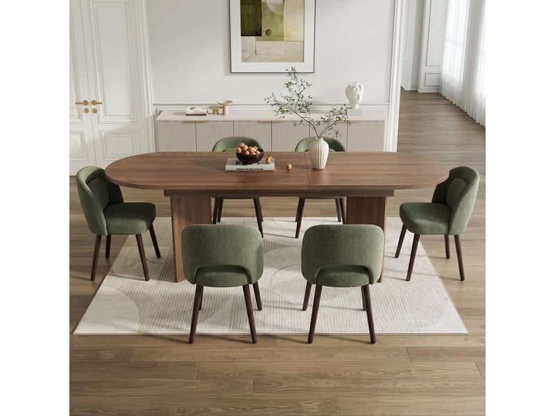  Ensemble table et 6 chaises de salle à manger, table extensible 160200 x 90 cm noyer, chaises vertes en bois d’hévéa avec coussin en mousse  - Conforama R