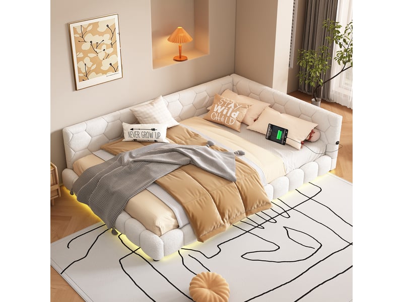  Lit jour 140x200 cm, convertible canapé-lit avec sommier, led rgb, usb-c, blanc  - Conforama B