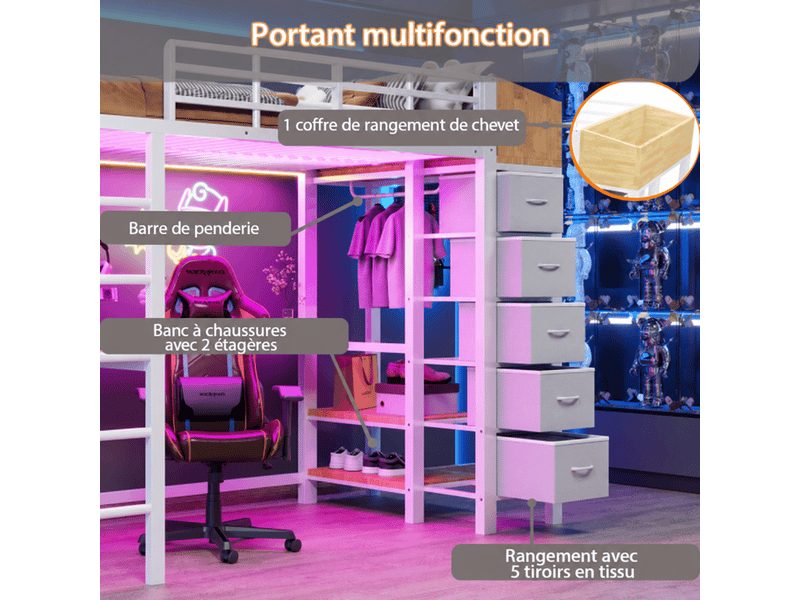 Lit mezzanine gaming 140x200 cm, bureau, led, prises, usb et usb-c, 5 tiroirs en tissu, penderie et étagères, métal et mdf, blanc OMNIGLINT TRADING LTD - Conforama E