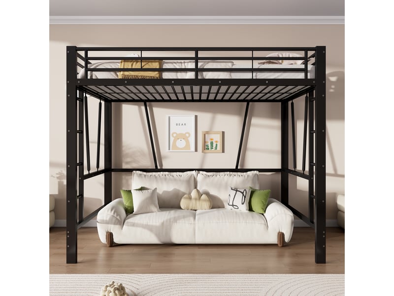 Lit mezzanine 140x200 cm coloris noir, lit superposé enfant avec double échelle, lit en hauteur métal , sans matelas - Conforama W