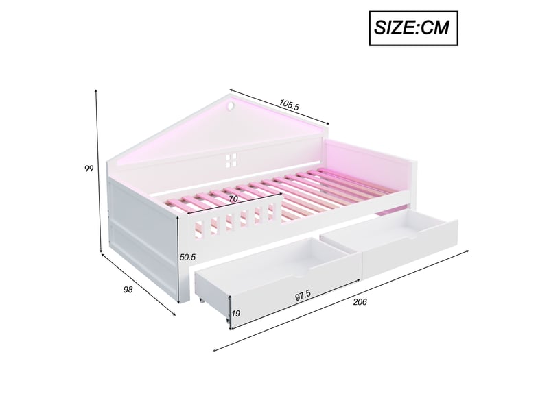 Lit enfant 90x200 cm blanc avec bandeau led contrôlable, 2 tiroirs et sommier à lattes inclus  - Conforama C