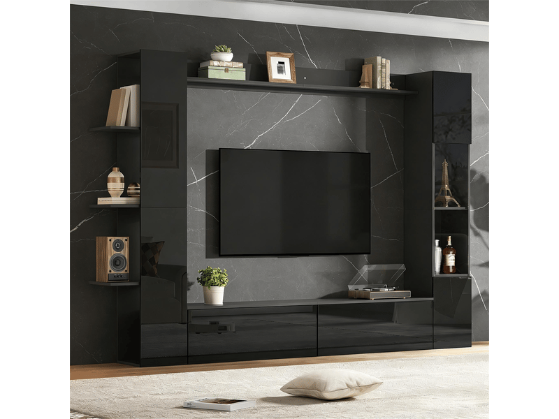  Meuble tv meuble de salon rangement compact rangement généreux porte à sens réversible ensemble 4 pièces vitrine armoire de rangement aspect meuble mural compact noir  - Conforama B