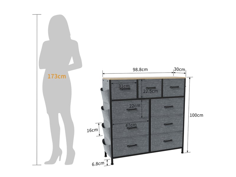  Commode de rangement, 98.8x30x100 cm, 9 tiroirs avec poches et crochets, cadre en métal et tissu non tissé, moderne, gris foncé  - Conforama E