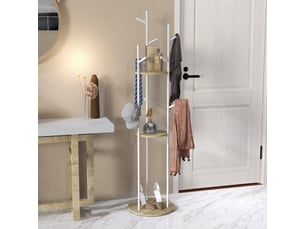 Porte-manteaux sur pied meuble d'entrée en acier avec 9 crochets et 2 rondes étagères  40 x 167 cm naturel et blanc