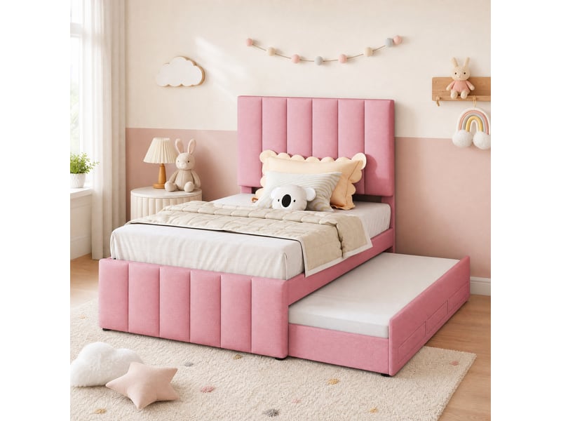  Lit gigogne rembourré 90x200 cm avec 3 tiroirs, revêtement coton et lin, rose  - Conforama D