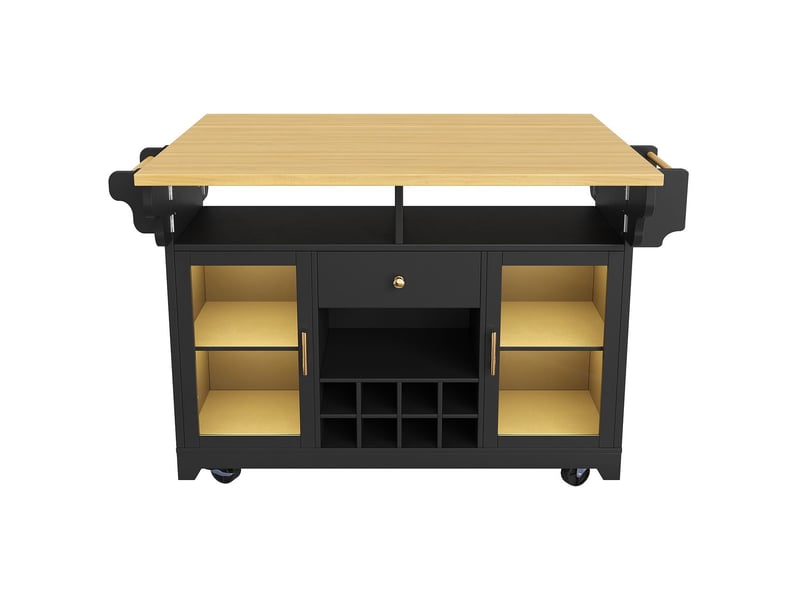  Desserte de cuisine 95 cm éclairage led plateau rabattable des deux côtés étagères réglables porte-bouteilles mobile finition noire  - Conforama A