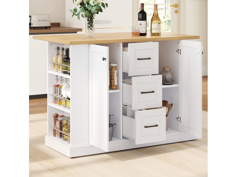  Îlot de cuisine mobile avec plateau rabattable et 2 portes 3 tiroirs 120x70x90 cm blanc  - Conforama W