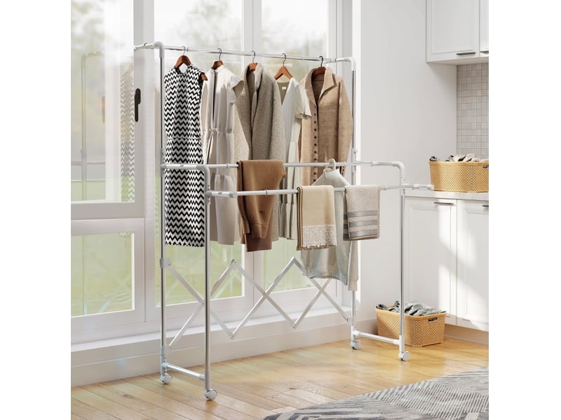 Étendoir à linge sur pied pliable 150 cm – argent – 3 barres réglables, roulettes et usage intérieurextérieur - Conforama B